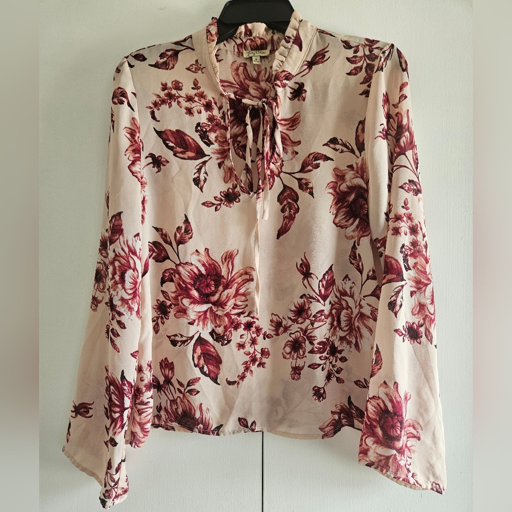 Lily White Women's Blouse Floral Burgundy Pink Long Sleeves Lightweight Size M - Picture 1 of 9